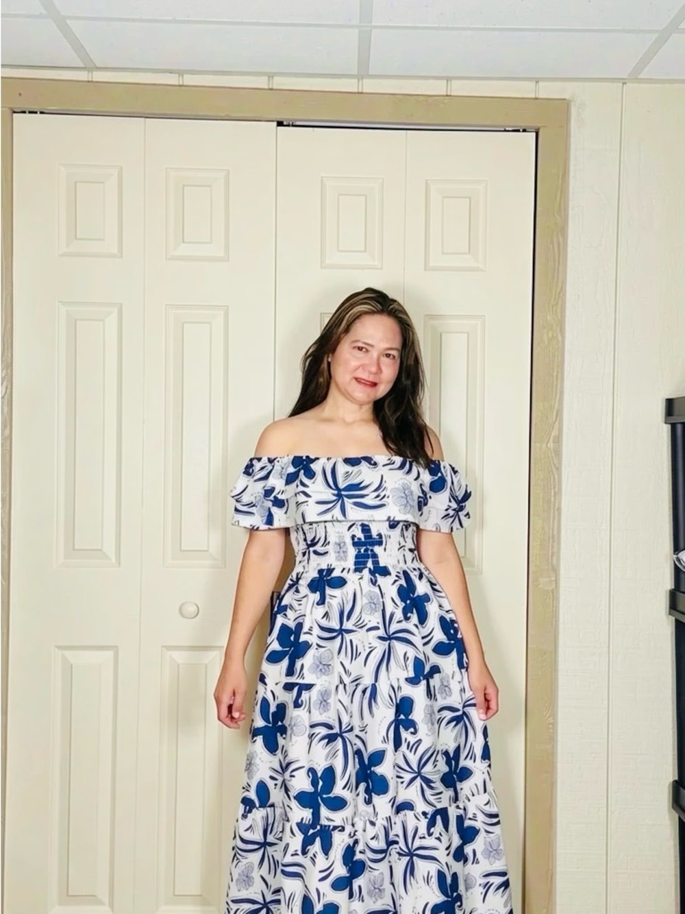 One-Shoulder White & Blue Floral Maxi Dress